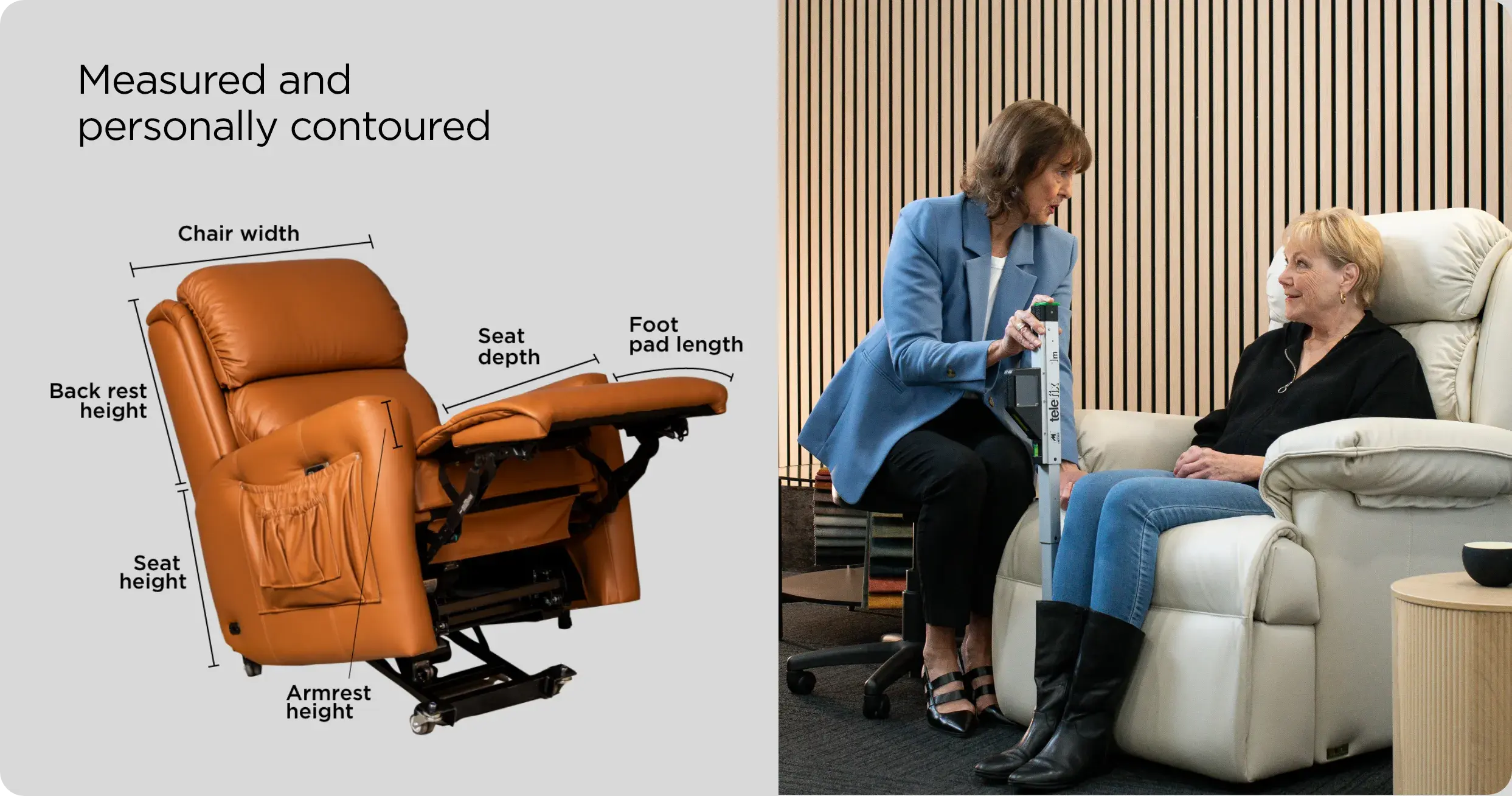 Chair measurement diagram and a seating specialist measuring a customer in a recliner